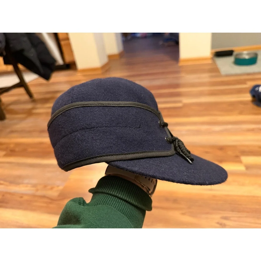 American Outdoorsman Navy Wool Blend Storm Cap Ear Flap‎ Hat USA Made 7 3/8